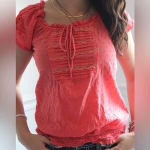 Coral Lace-Trimmed Women's Top